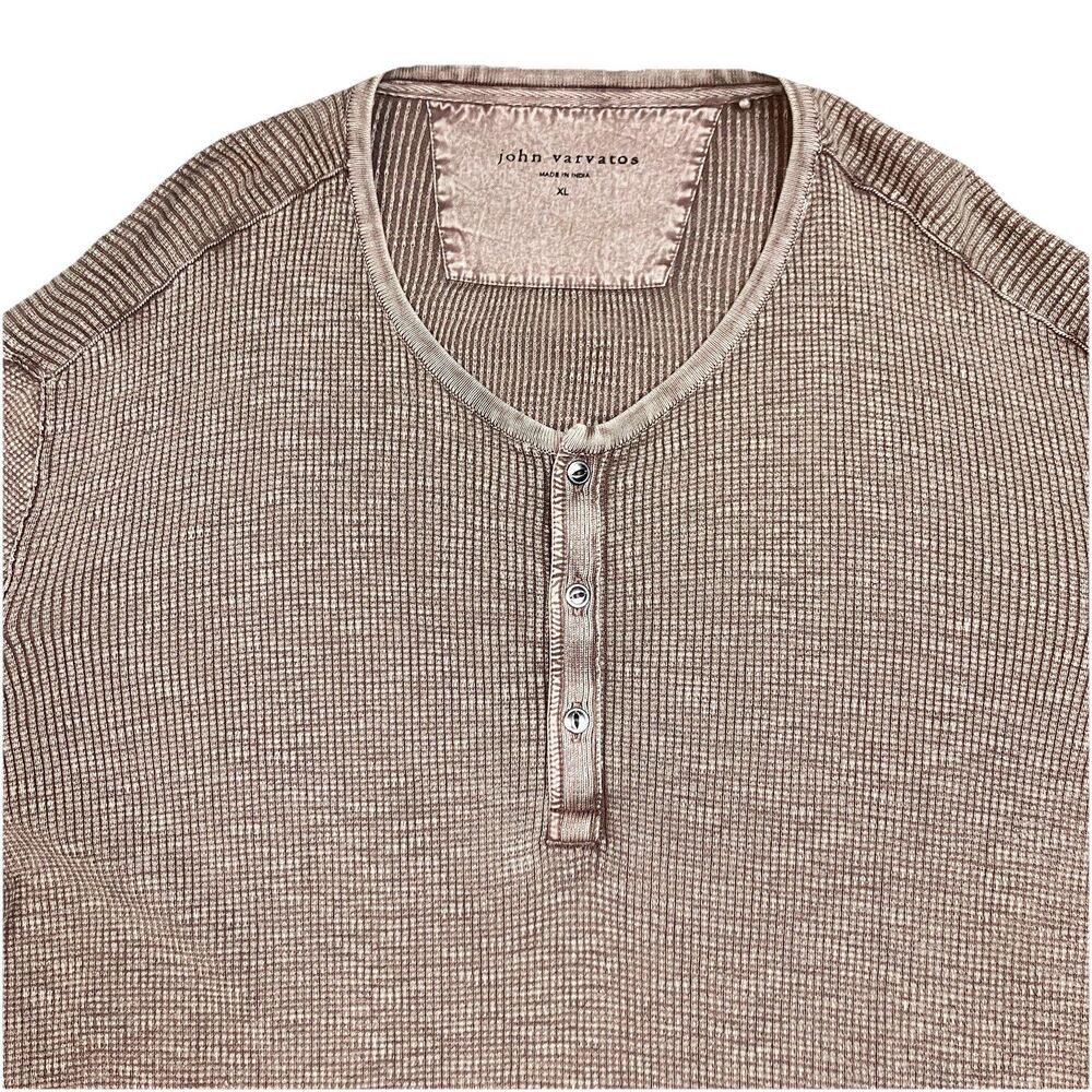 John Varvatos Henley Shirt Mens XL Brown Waffle Knit Long Sleeve Casual Cotton